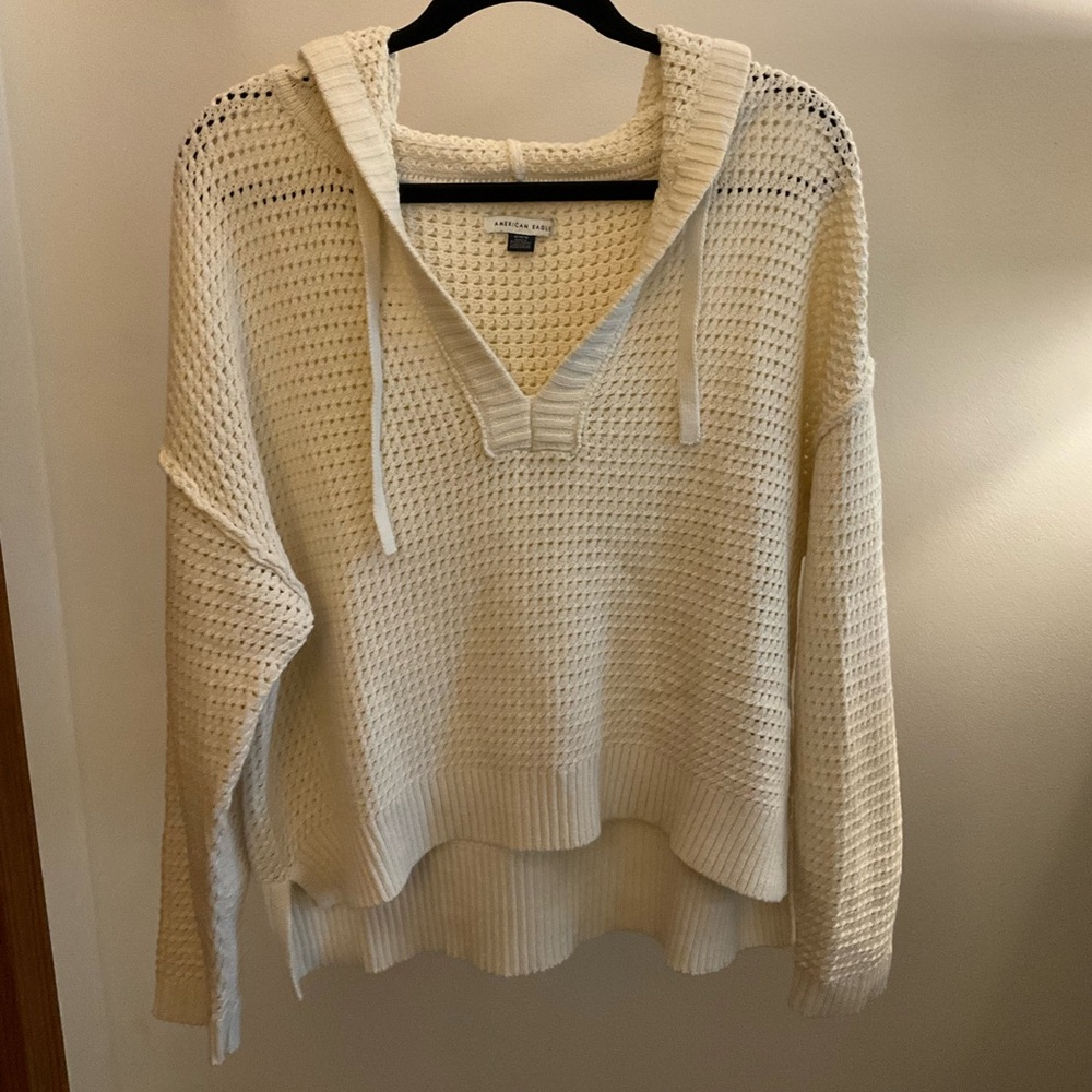 AE Split-Hem Crochet Hooded Sweater